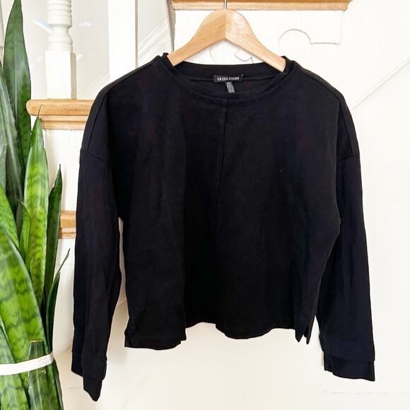 Eileen Fisher Black Stretch Jersey Crew Neck Long Sleeve Crop Sweatshirt Size S - Picture 1 of 7